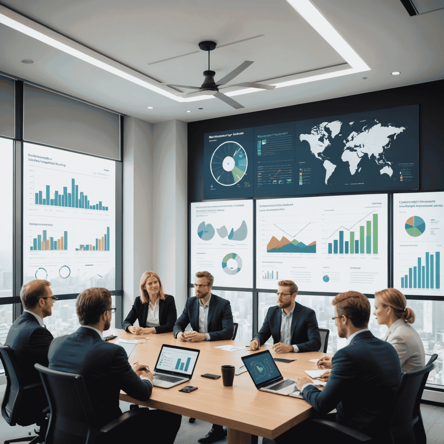 A group of professionals discussing clean energy projects and investments around a conference table, with charts and graphs displayed on a large screen in the background.