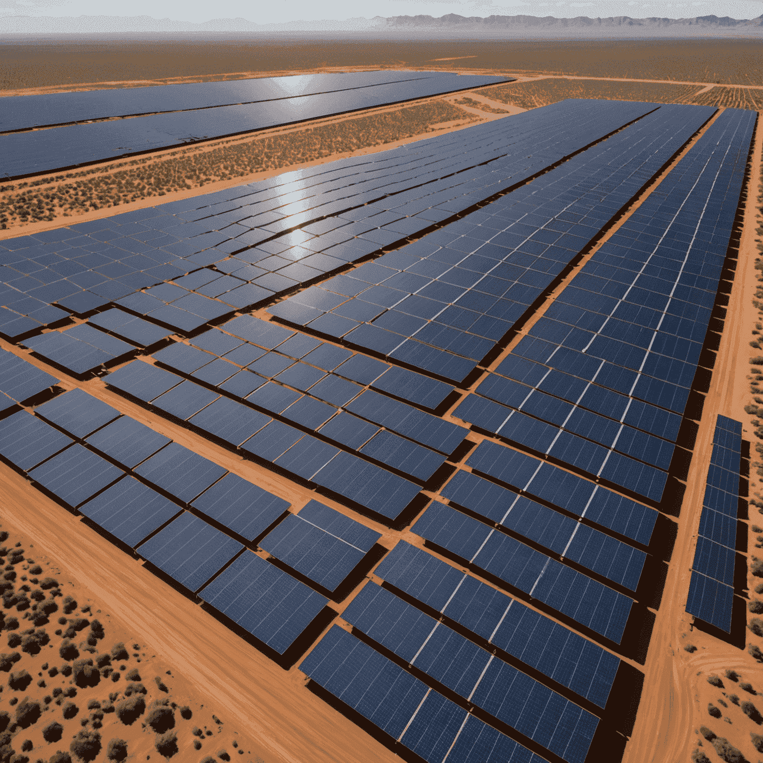 Aerial view of a large solar farm with rows of solar panels in a desert landscape in South Africa