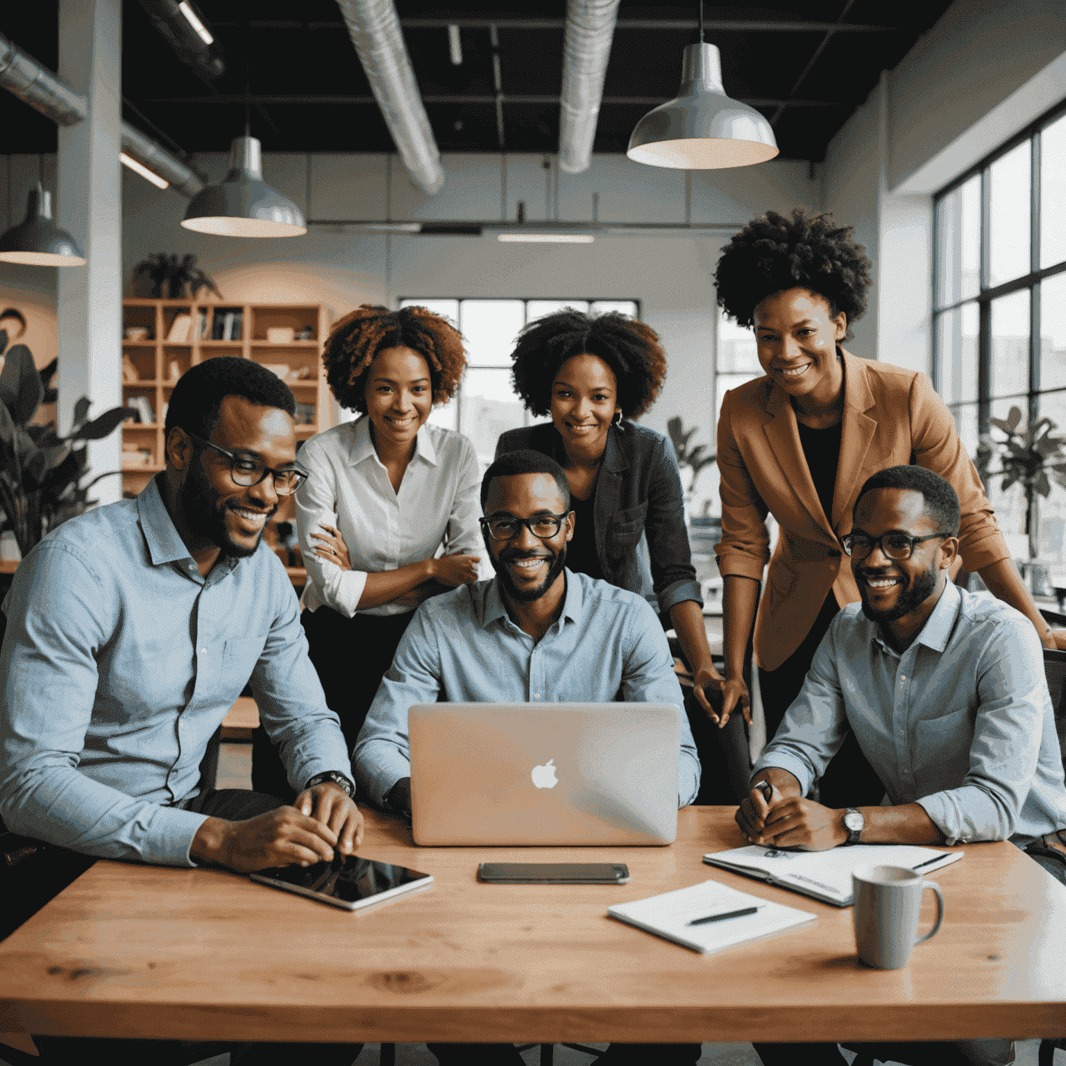 A group of diverse entrepreneurs working together on clean energy solutions in a modern South African office setting