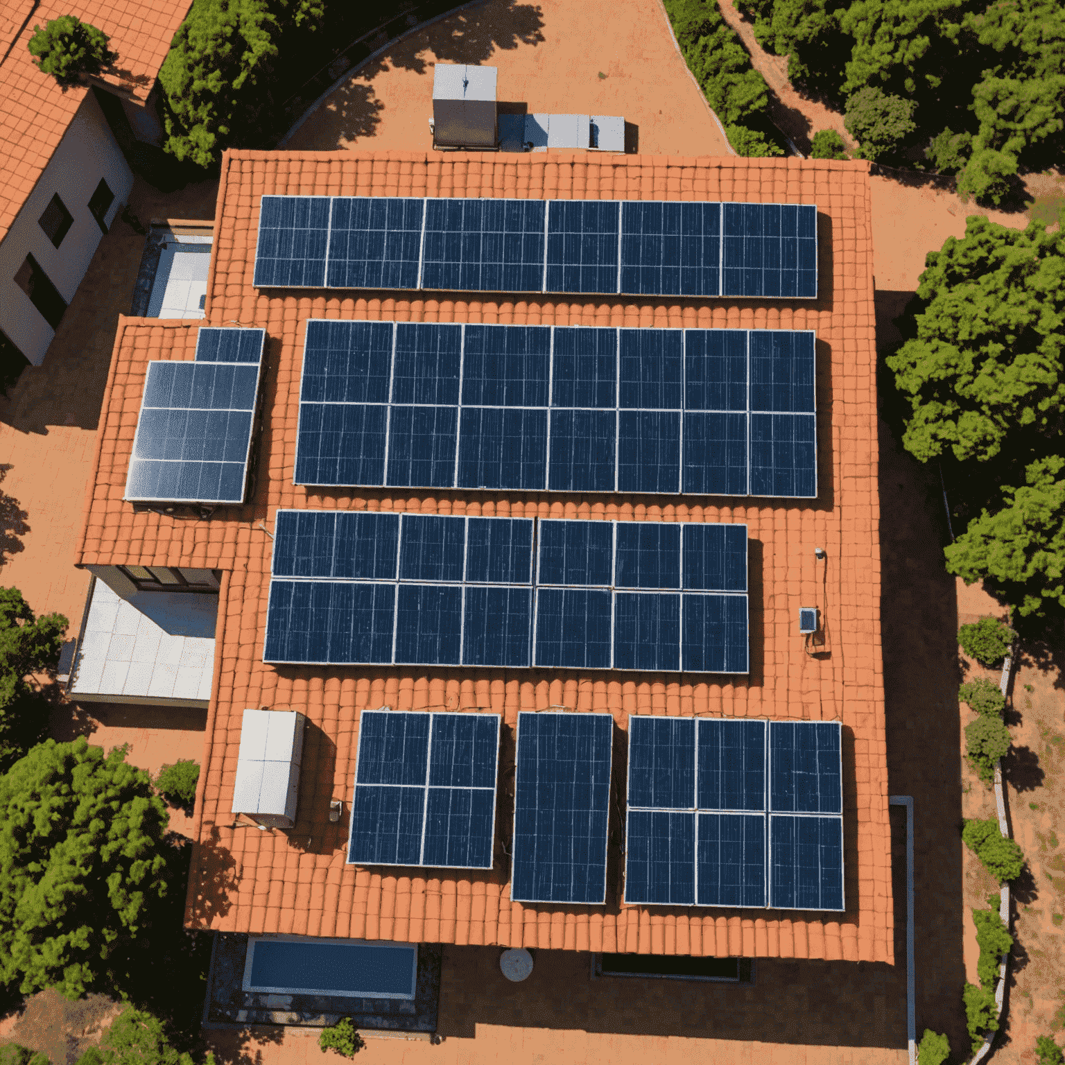 Aerial view of solar panels installed on the roof of a modern house in South Africa