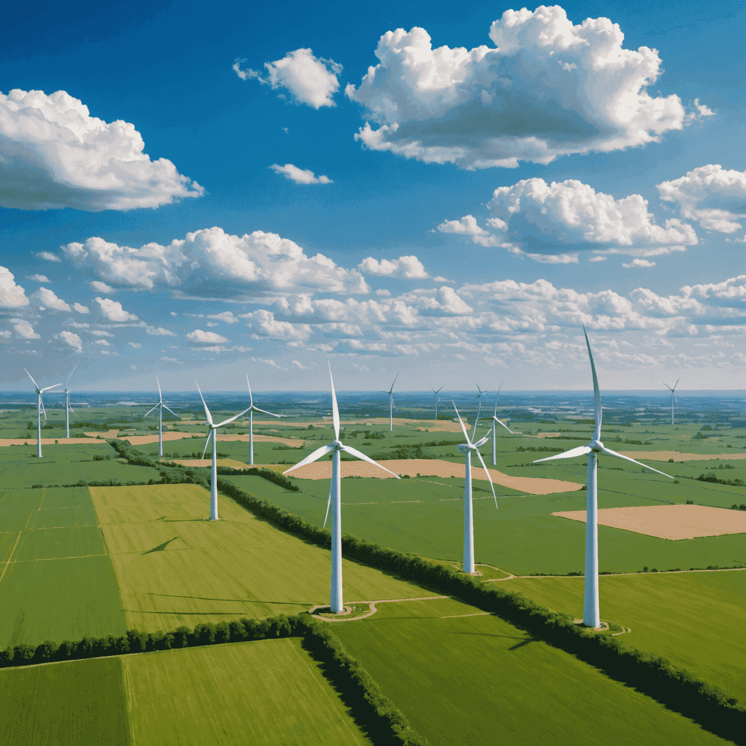 Aerial view of several large wind turbines in a green field with blue sky and clouds in the background