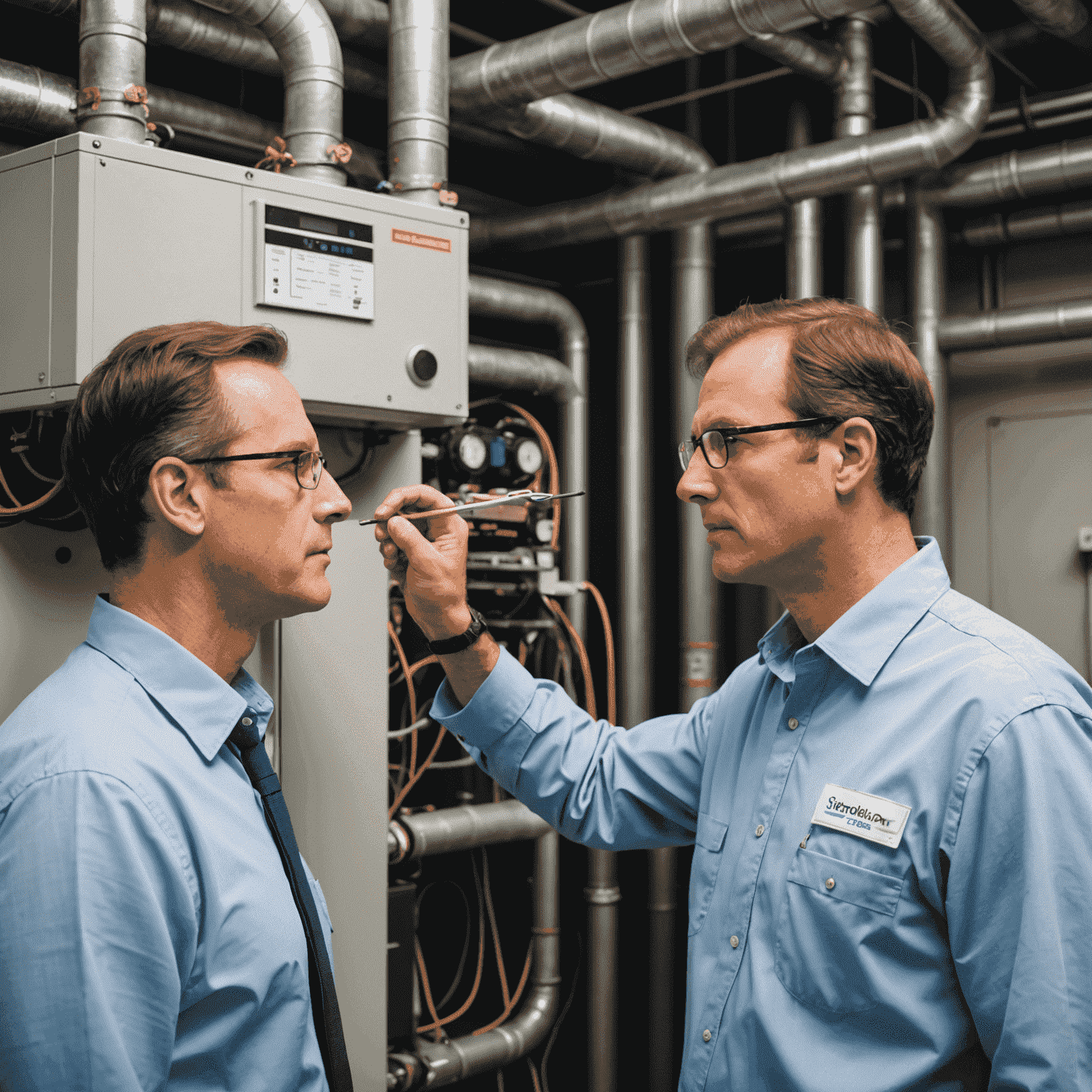 An energy efficiency expert inspecting a building's HVAC system to identify areas for improvement and energy savings