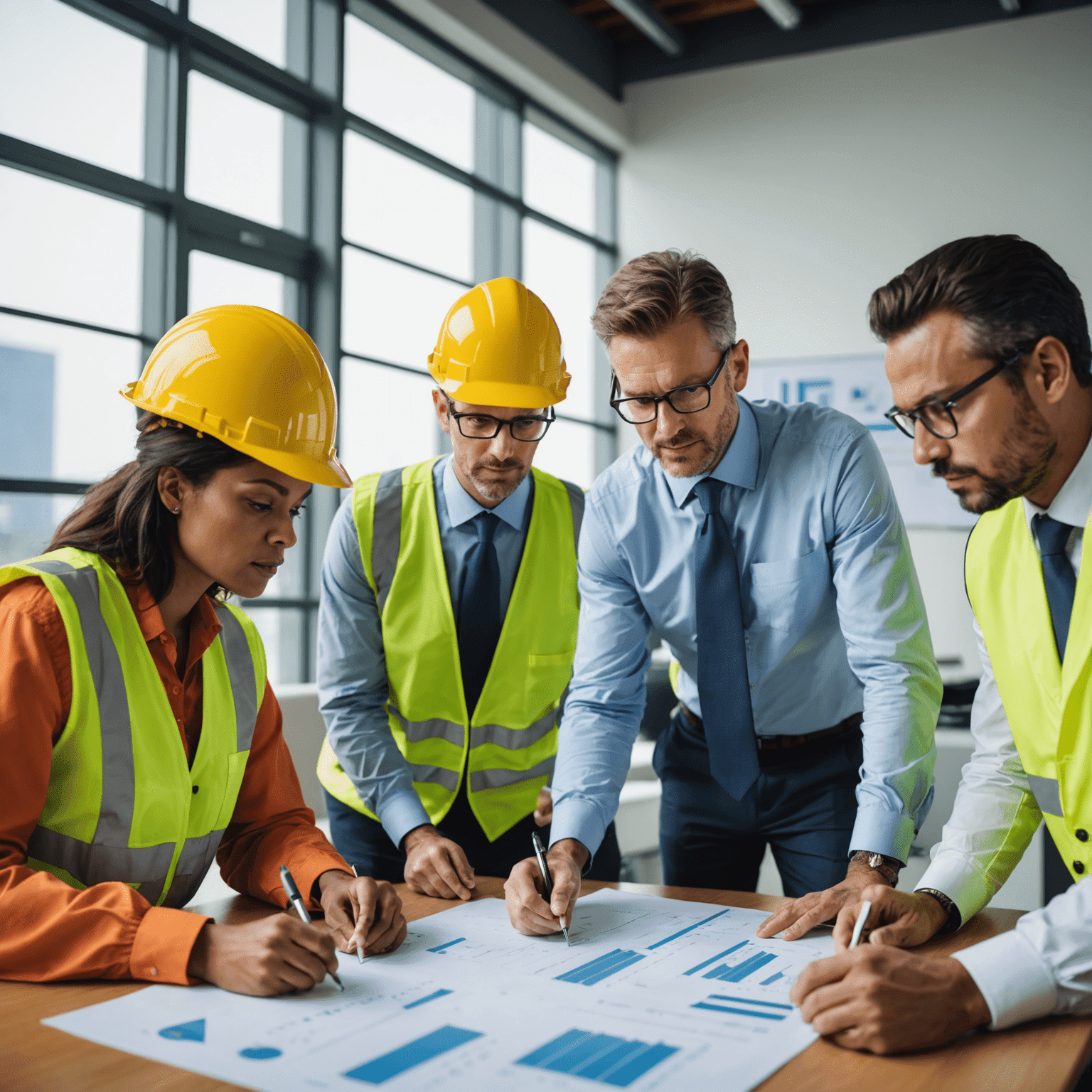 A group of business professionals discussing a renewable energy project while reviewing financial documents and charts. The image conveys a sense of collaboration and strategic planning in securing financing for clean energy initiatives.