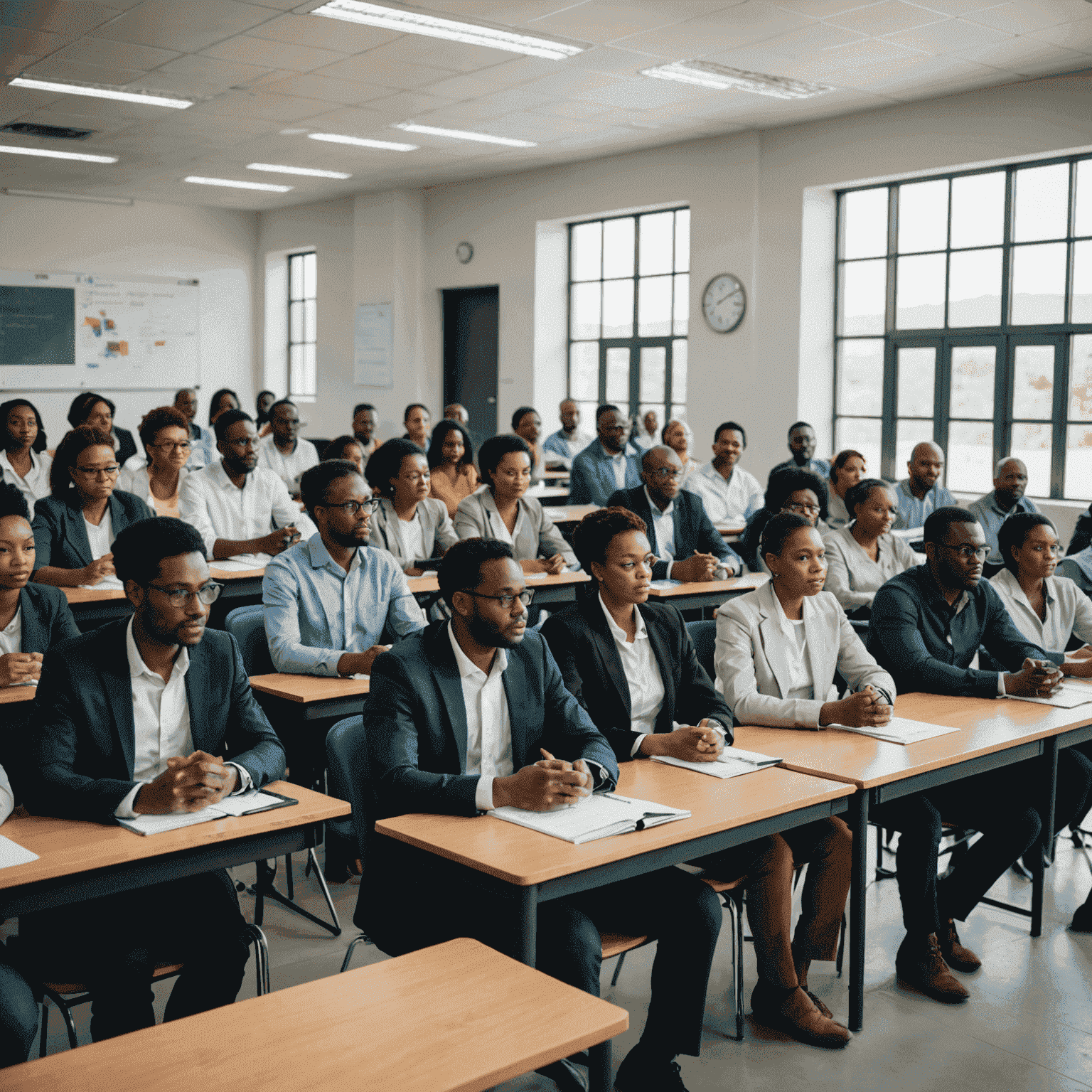 Group of diverse professionals attending a clean energy training session in a modern classroom setting in South Africa