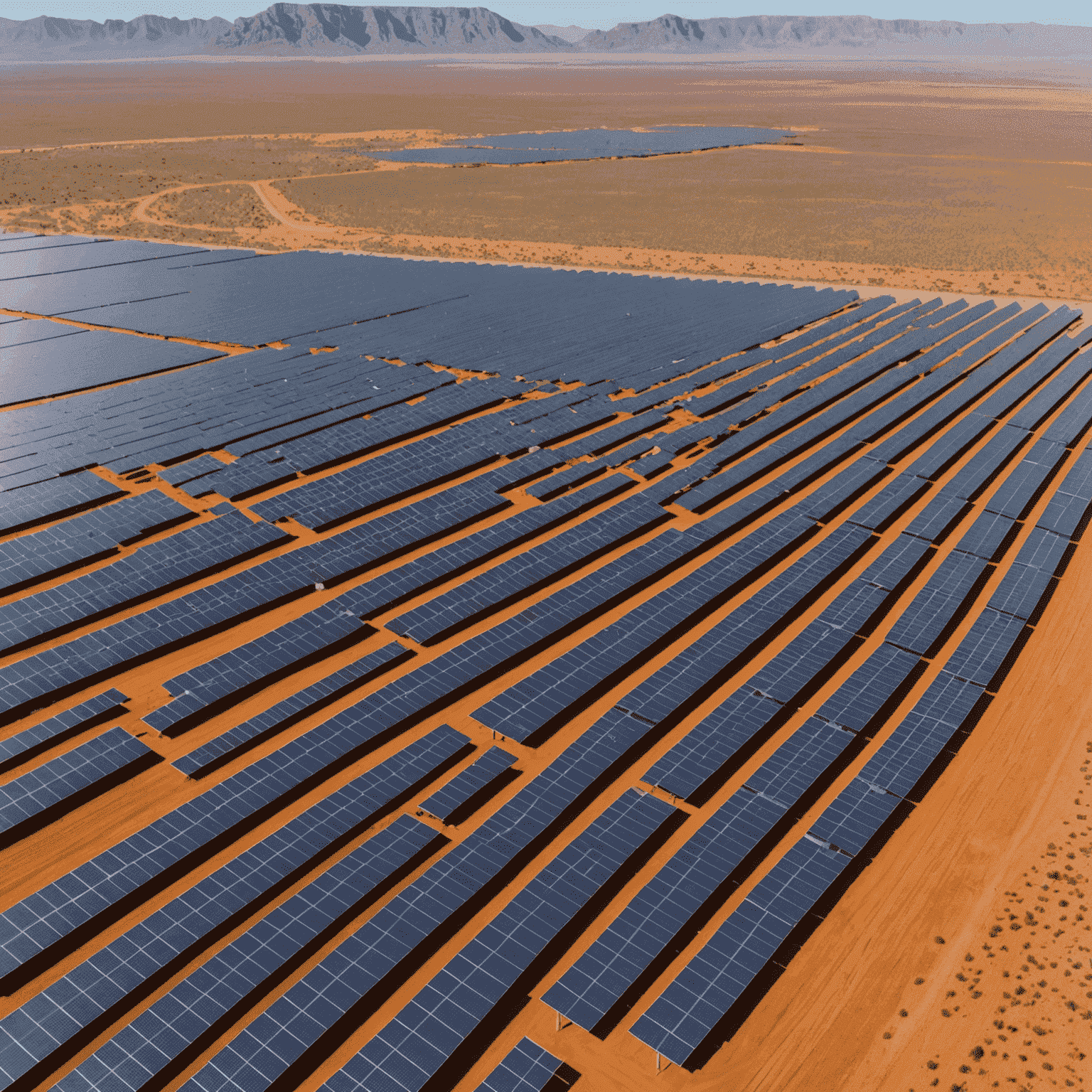 Aerial view of a large solar farm with rows of solar panels in a desert landscape, symbolizing South Africa's investment in renewable energy infrastructure.