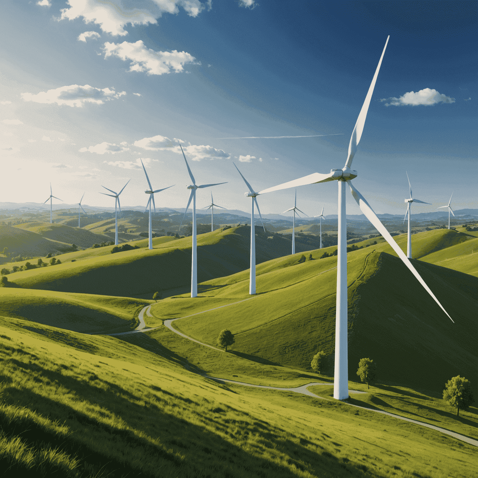 Several large wind turbines generating clean energy on a grassy hillside