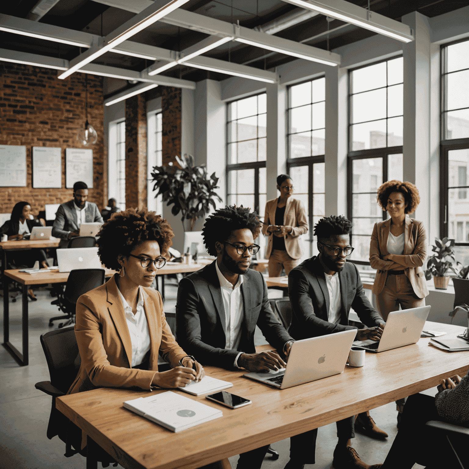 A group of diverse entrepreneurs working together in a modern office space, representing the growing number of clean energy startups in South Africa.