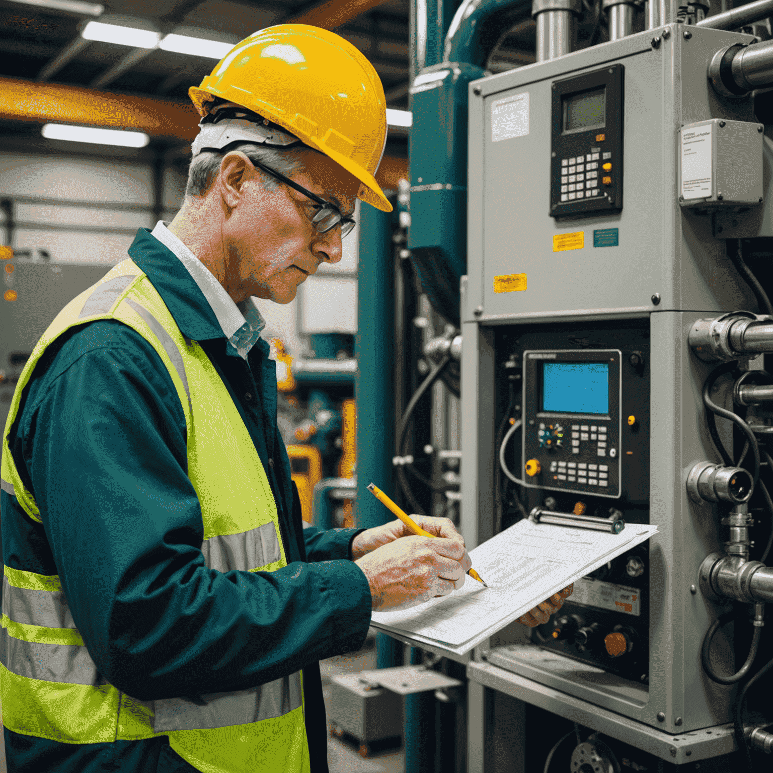 A consultant performing an energy efficiency audit on industrial equipment