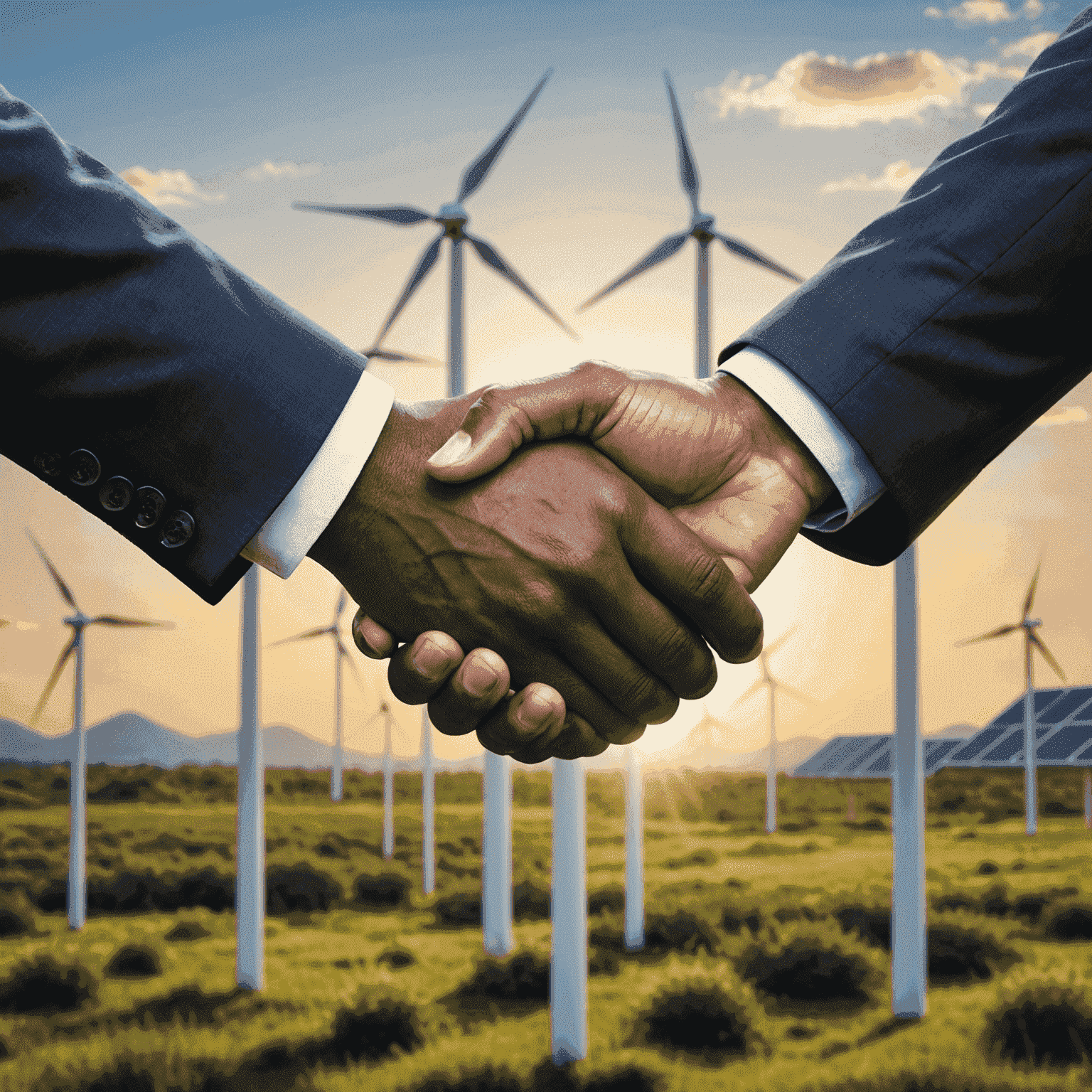 A handshake between a business executive and a clean energy consultant, symbolizing the partnership between South African businesses and the clean energy sector.