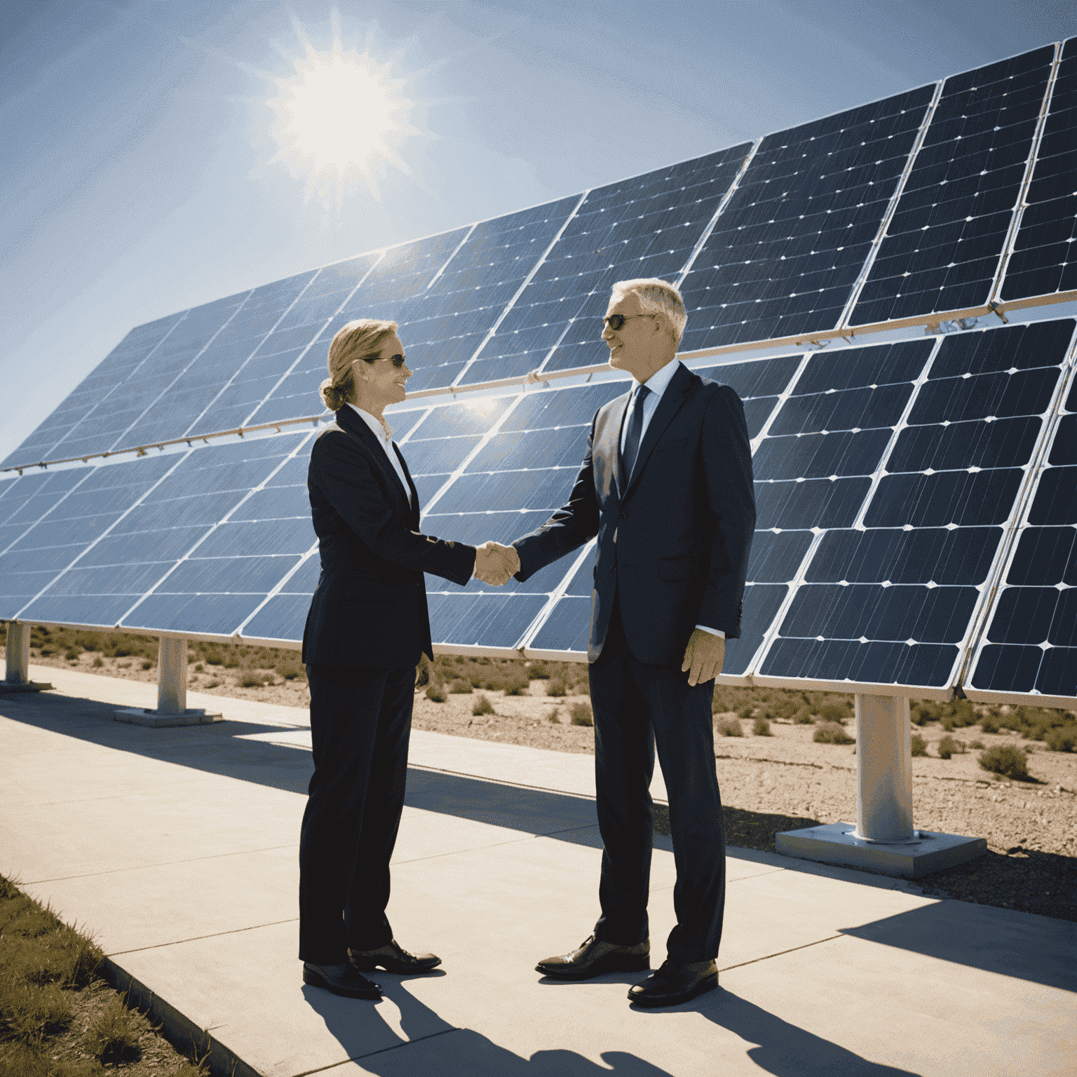 Two businesspeople shaking hands in front of a large solar panel installation