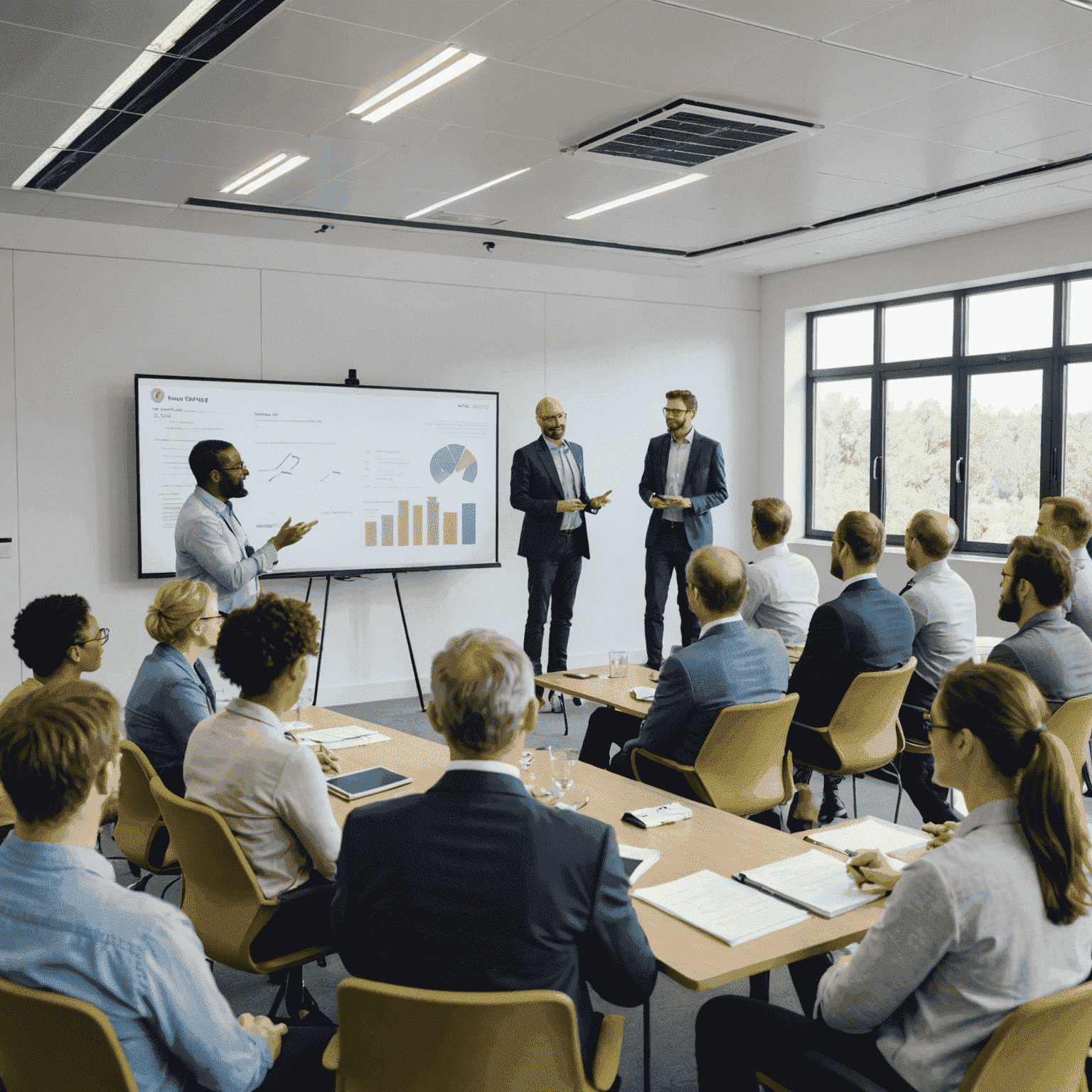 A group of people attending a clean energy training session led by an expert consultant